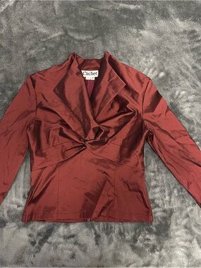 Cachet Satin Twist-Front Long-Sleeve Blouse in Burgundy